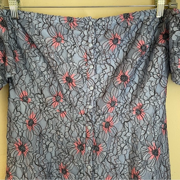 Avec Les Filles Blue Floral Off Shoulder Button Down Lace Dress - Picture 3 of 9